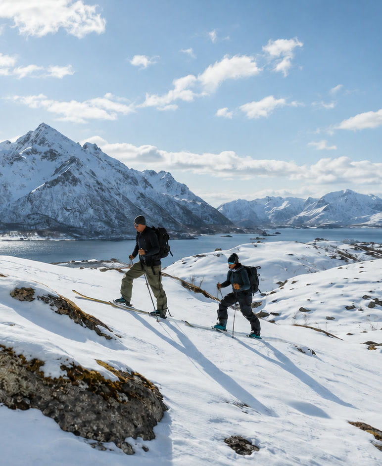 Dos esquiadores de travesía ascendiendo sobre un fiordo de Lofoten